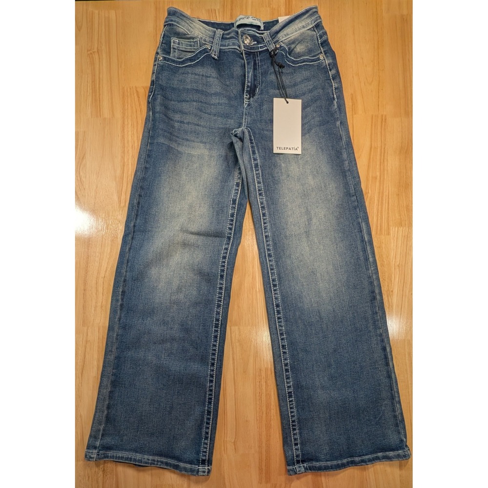 Telepatia Wide Leg Jeans Blue Denim Rhinestone Button GR25015 Mens Size 7/28 NEW